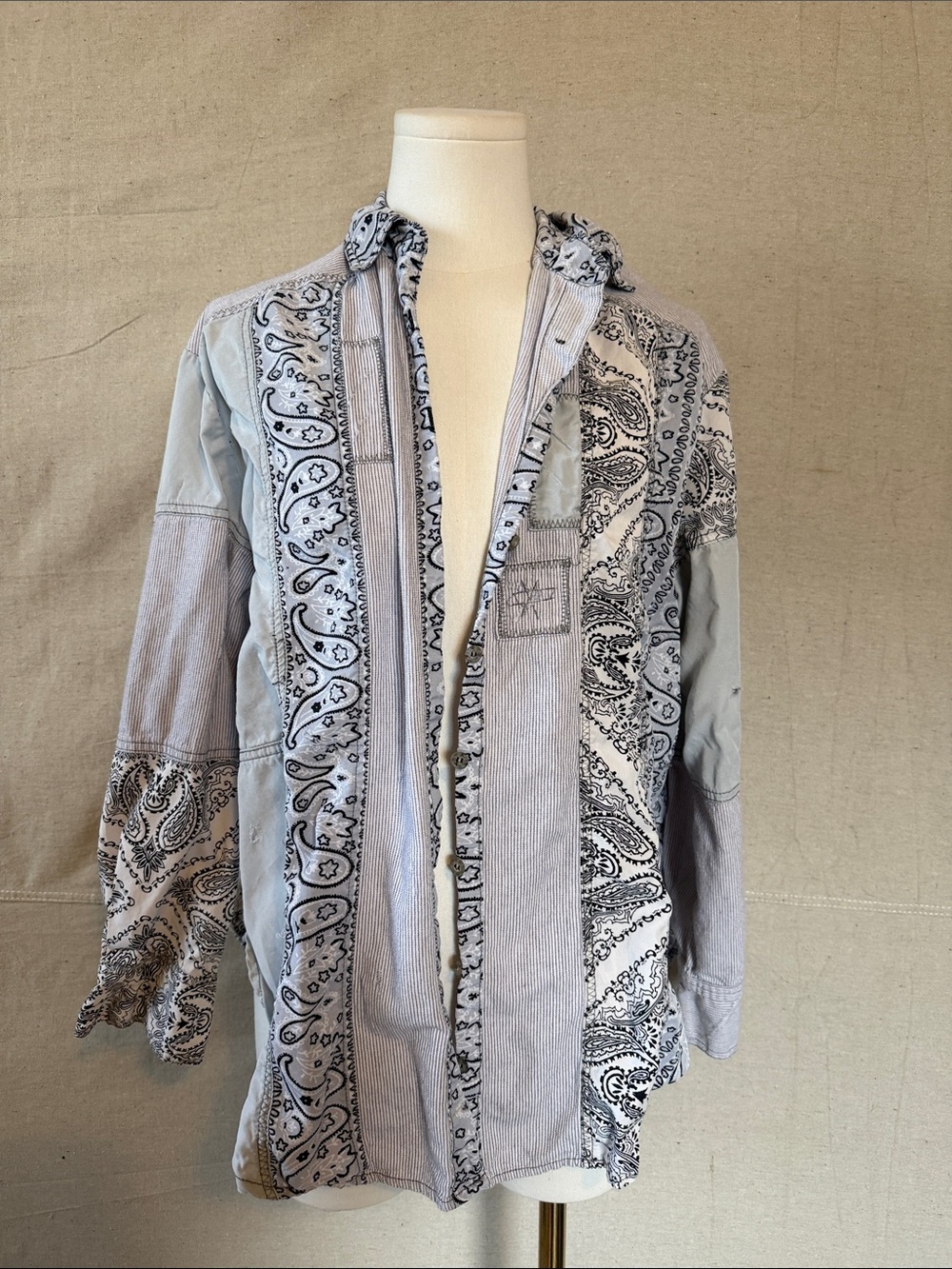 Free People Pale blue& White Patchwork Bandana Shirt size XS